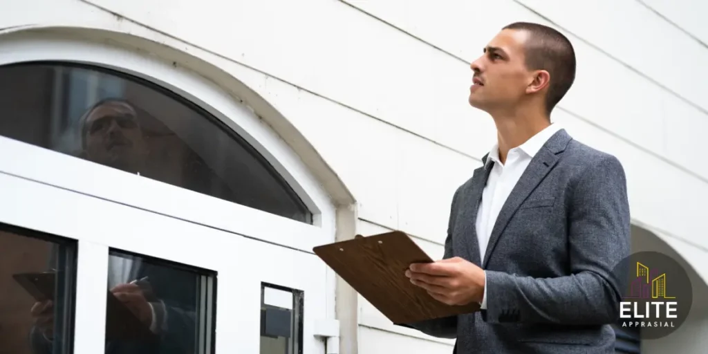 Professional appraiser evaluating property exterior for real estate brokerages with clipboard and documentation