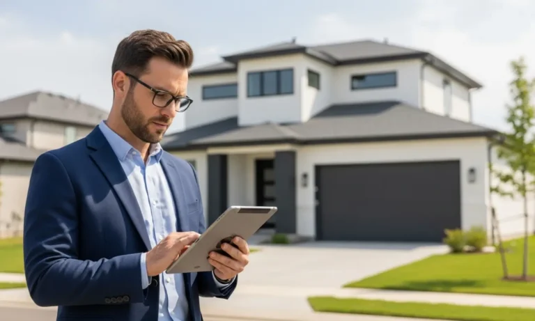 Professional real estate appraiser conducting property assessments with tablet in front of modern residential home