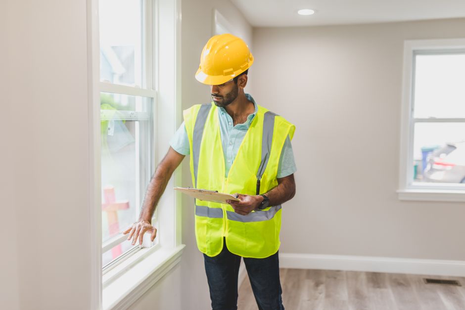 A real estate professional holding a clipboard thoughtfully assesses the exterior of a modern, stylish house, representing the careful work of property appraisal.